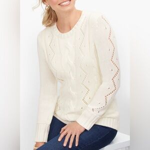NWOT Talbots Cream Pointelle CABLEKNIT CREWNECK SWEATER Size L
